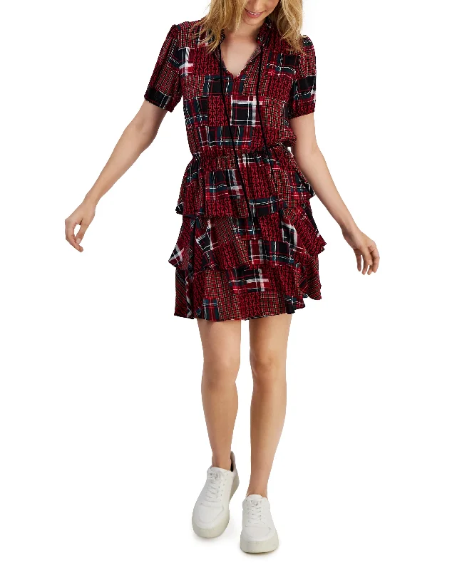 Women's Short-Sleeve Patchwork Mini Dress Cozy Knitted Mini Dress