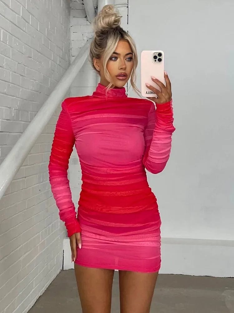 Women's Two Layer Mesh Bodycon Long Sleeve Turtleneck Ruched Mini Dress Elegant Floral-Print Mini Dress