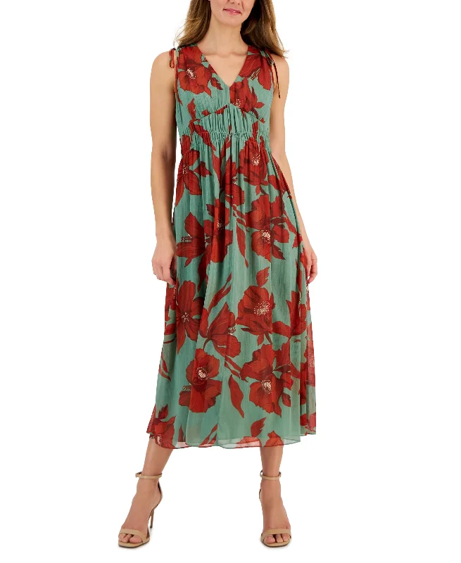 Women's V-Neck Sleeveless Shirred-Waist Midi Dress Chic Bohemian Midi Dress