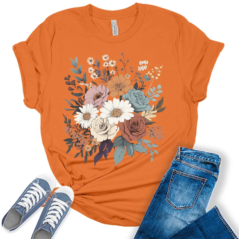 Women's Vintage Floral Fall Graphic Tees Basic T-Shirt Crew Neck Short Sleeve