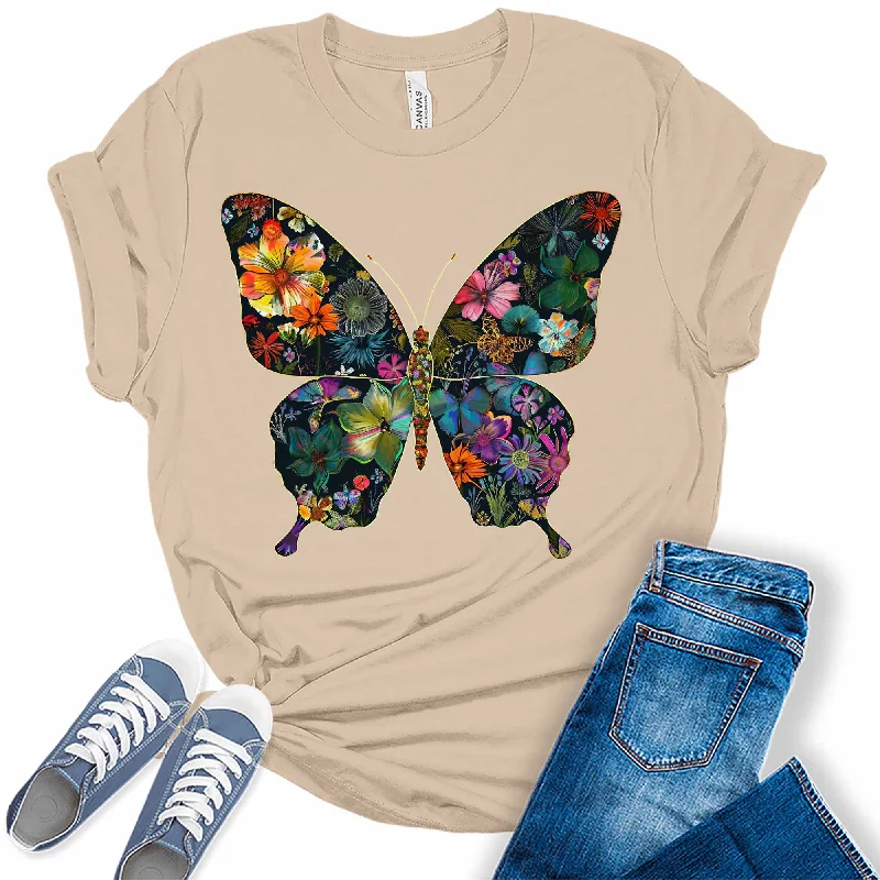 Women's Wildflower Summer Flowers Butterfly Shape Graphic Tees Plaid T-Shirt Polka Dot Checkered