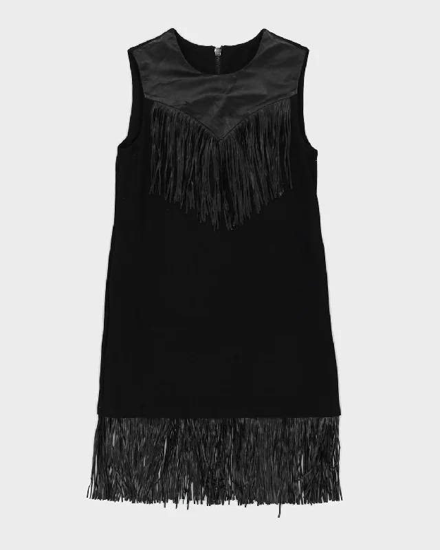 Y2K Black Fringed Midi Dress - S Stylish Off-Shoulder Ruffle Dress