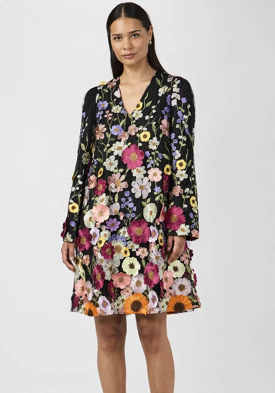 Y.A.S Flowering Embroidered V Neck Mini Dress, Black Casual Mini Dress with Pockets