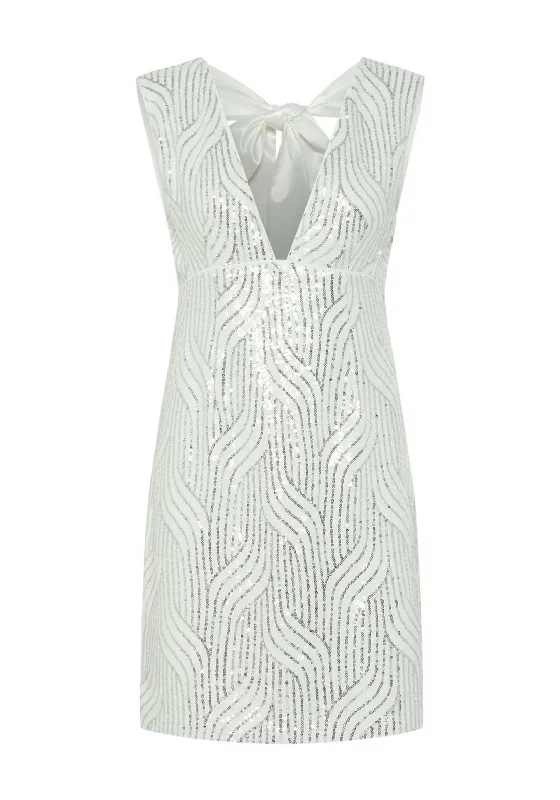 Y.A.S Olga Sequin Bow Back Mini Dress, Star White Chic Mini Dress with V-Neck