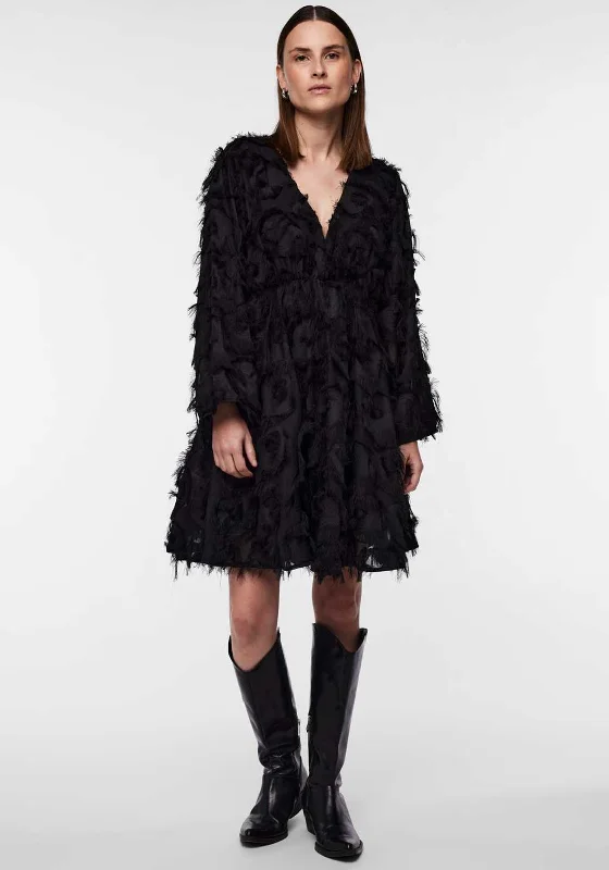 Y.A.S Pazylla Fringed Mini Dress, Black Trendy Crossover Mini Dress