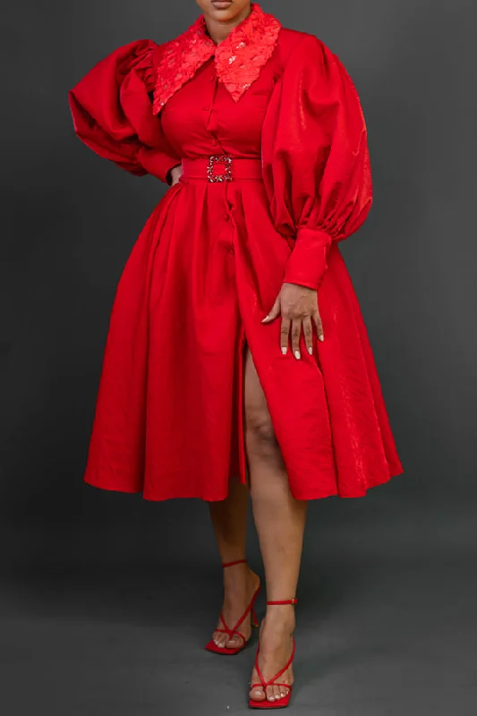 Stylish Doll Collar Lantern Sleeve Belted Dress