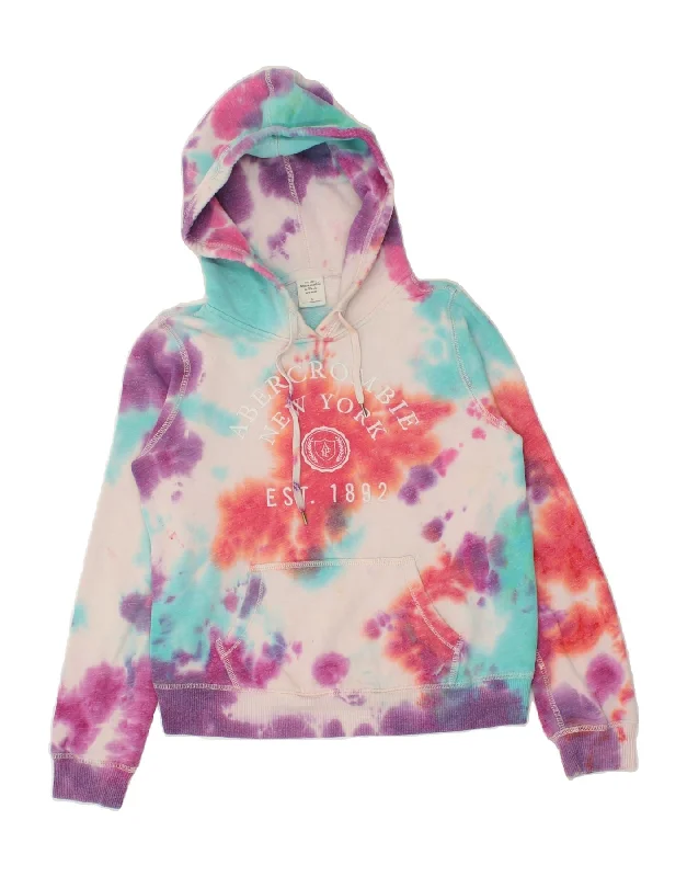 ABERCROMBIE & FITCH Womens Graphic Hoodie Jumper UK 10 Small Multicoloured Hoodie with Applique Textured Unique