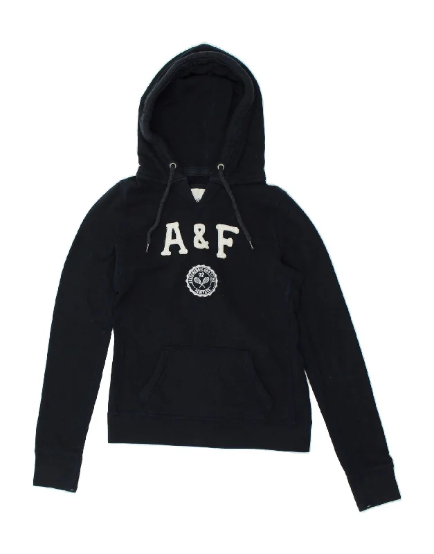 ABERCROMBIE & FITCH Womens Graphic Hoodie Jumper UK 12 Medium Navy Blue Hoodie with Hem Elastic Stretchable Comfortable