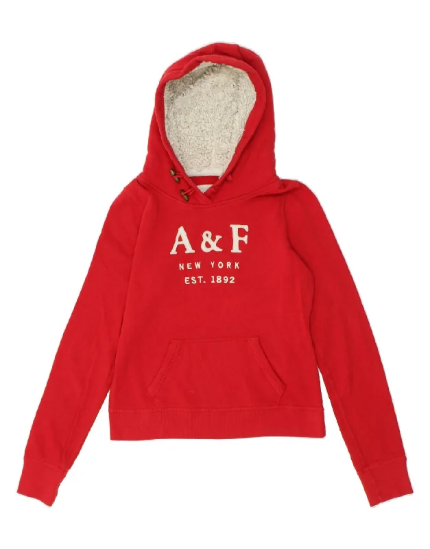 ABERCROMBIE & FITCH Womens Graphic Hoodie Jumper UK 12 Medium Red Cotton Hoodie with Back Slit Movement Comfort