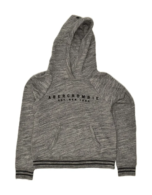 ABERCROMBIE & FITCH Womens Graphic Hoodie Jumper UK 14 Medium Grey Flecked Hoodie with Turtle Neck Cozy Winter