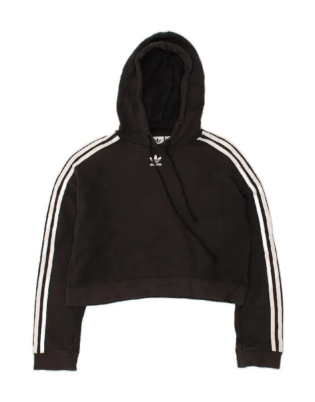 ADIDAS Womens Crop Hoodie Jumper UK 4 XS  Black Cotton Hoodie with Embroidery Detailed Premium