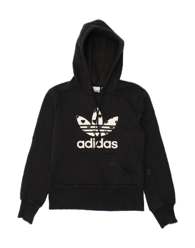 ADIDAS Womens Graphic Hoodie Jumper EU 42 Medium Black Cotton Hooded Sweatshirt Casual Wear Street Style