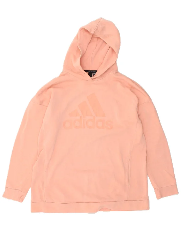 ADIDAS Womens Graphic Hoodie Jumper UK 12/14 Medium Orange Cotton Hoodie with Neon Bright Vibrant