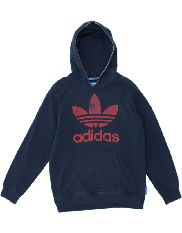 ADIDAS Womens Graphic Hoodie Jumper UK 14 Medium Navy Blue Cotton Hoodie with Hem Raw Edge Edgy Unfinished