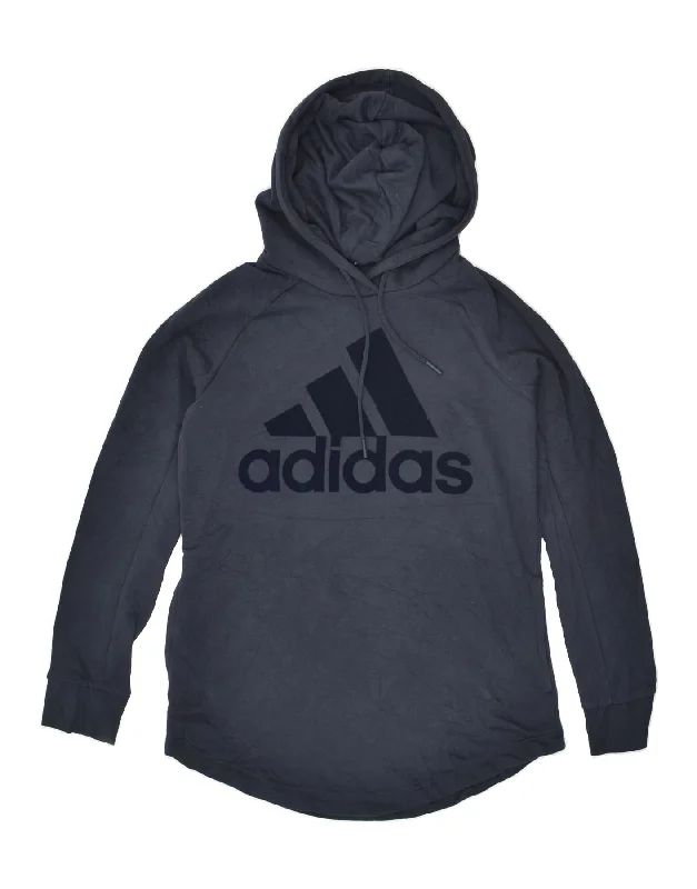 ADIDAS Womens Graphic Hoodie Jumper UK 16/18 Large Navy Blue Cotton Hoodie with Sequins Glamorous Eye-catching