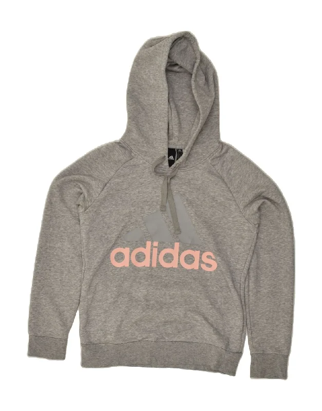 ADIDAS Womens Graphic Hoodie Jumper UK 8/10 Small Grey Cotton Hoodie with Rolled Sleeves Casual Relaxed