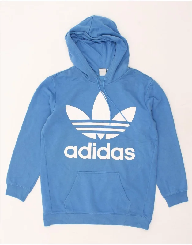 ADIDAS Womens Graphic Hoodie Jumper UK 8 Small Blue Cotton Hoodie with Hem Patch Decorative Personalized