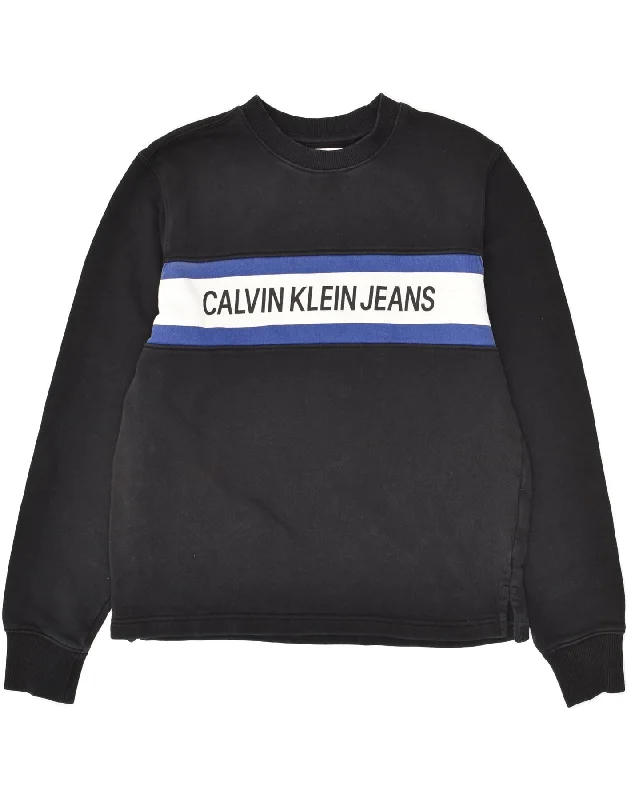 CALVIN KLEIN JEANS Womens Graphic Sweatshirt Jumper UK 10 Small Black Hoodie with Elastic Waist Stretchable Comfortable