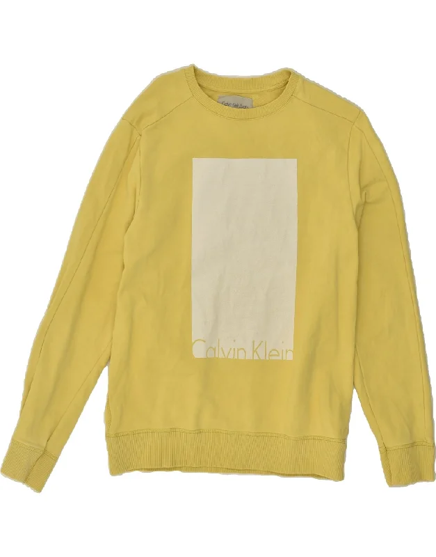 CALVIN KLEIN JEANS Womens Graphic Sweatshirt Jumper UK 16 Large Yellow Hoodie with Crew Neck Simple Timeless