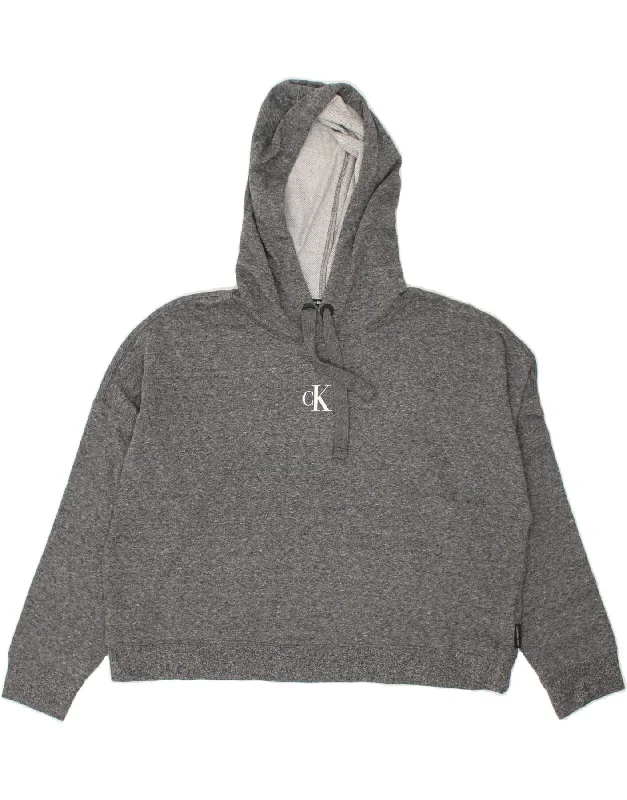 CALVIN KLEIN Womens Graphic Hoodie Jumper UK 18 XL Grey Cotton Hoodie with Hem Lace Feminine Delicate