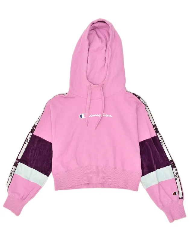 CHAMPION Womens Crop Graphic Hoodie Jumper UK 12 Medium Pink Colourblock Hoodie with Strings Custom Fit Adjustable