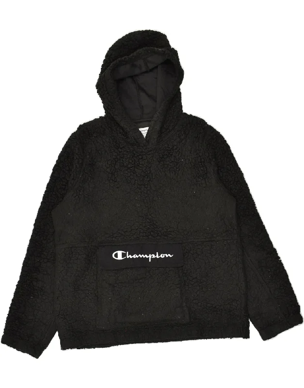 CHAMPION Womens Graphic Hooded Fleece Jumper UK 14 Large Black Polyester Hoodie with Hidden Zipper Minimalist Clean