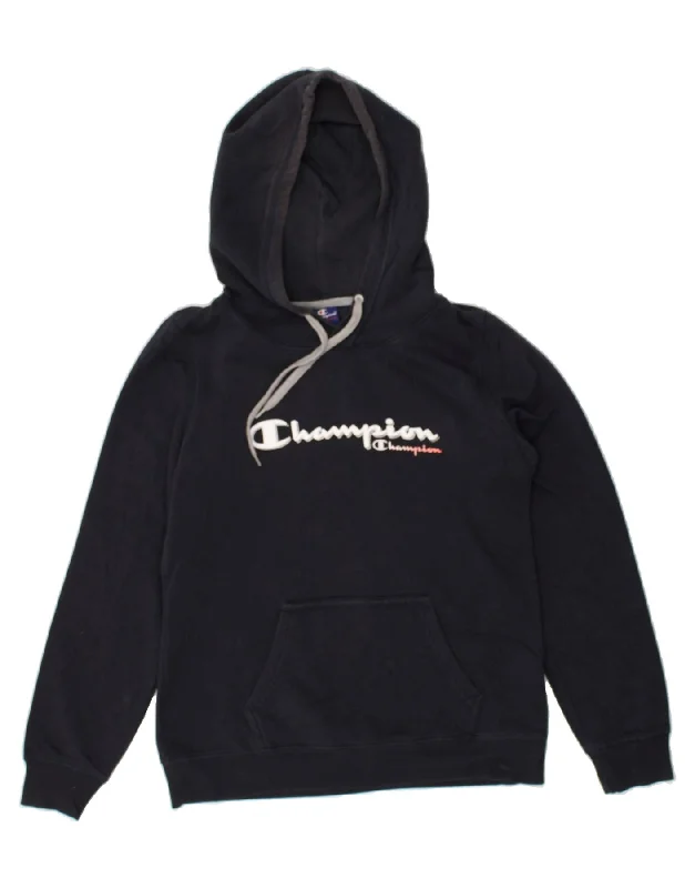 CHAMPION Womens Graphic Hoodie Jumper UK 14 Large Navy Blue Cotton Hoodie with Lace Feminine Delicate