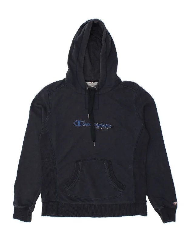 CHAMPION Womens Graphic Hoodie Jumper UK 14 Large Navy Blue Cotton Cotton Hoodie Fleece Lining Warmth