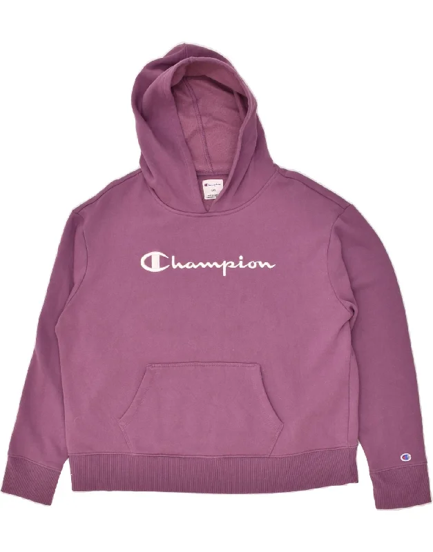 CHAMPION Womens Graphic Hoodie Jumper UK 14 Large Purple Cotton Hoodie with Hem Patch Decorative Personalized