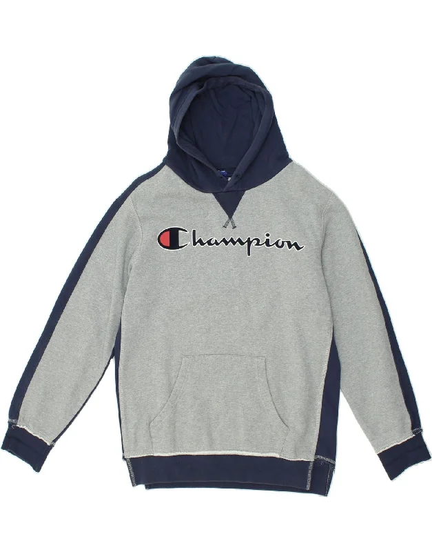 CHAMPION Womens Graphic Hoodie Jumper UK 14 Medium Grey Colourblock Cotton Cotton Hoodie Fleece Lining Warmth