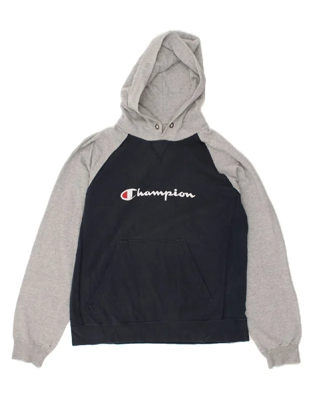 CHAMPION Womens Graphic Hoodie Jumper UK 14 Medium Navy Blue Colourblock Hoodie with Earth Tones Natural Calm