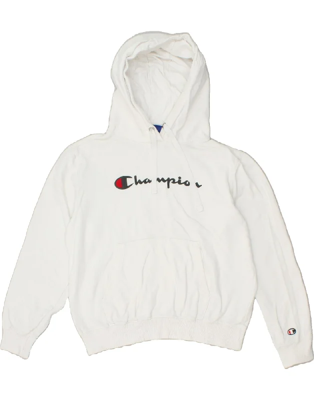 CHAMPION Womens Graphic Hoodie Jumper UK 14 Medium White Cotton Hoodie with Velcro Closure Adjustable Secure