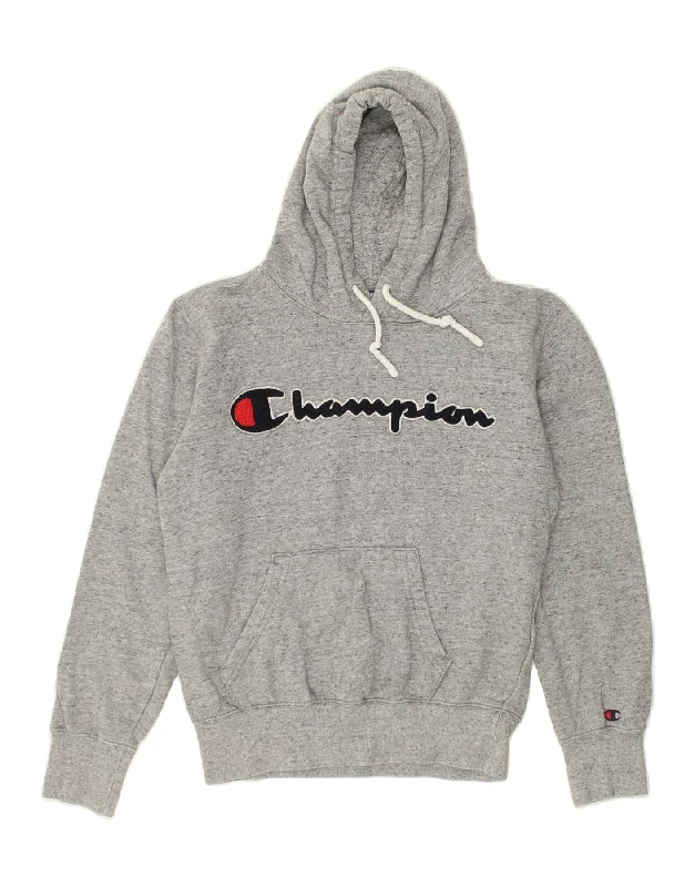 CHAMPION Womens Graphic Hoodie Jumper UK 6 XS Grey Flecked Cotton Hoodie with Neon Bright Vibrant