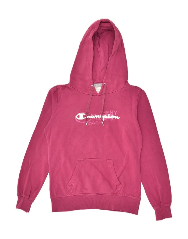 CHAMPION Womens Heritage Fit Graphic Hoodie Jumper UK 10 Small Pink Cotton Hoodie with Hem Patch Decorative Personalized