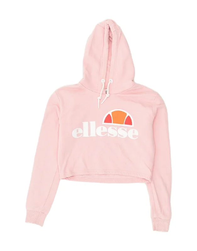 ELLESSE Womens Crop Graphic Hoodie Jumper UK 8 Small  Pink Cotton Hoodie with Toggle Buttons Decorative Unique