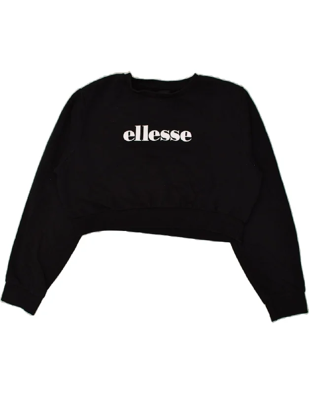 ELLESSE Womens Crop Graphic Sweatshirt Jumper UK 18 XL  Black Cotton Hoodie with Cropped Fit Short Trendy