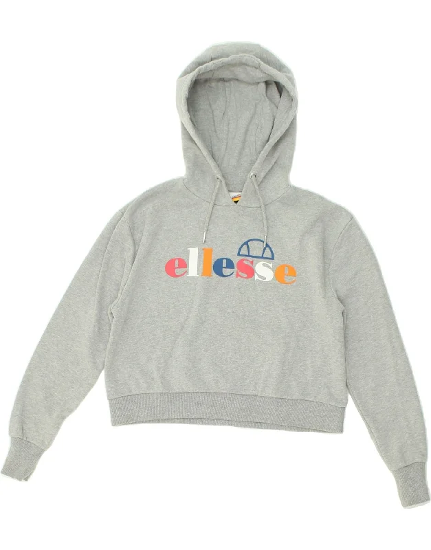 ELLESSE Womens Graphic Crop Hoodie Jumper UK 6 XS Grey Cotton Hoodie with Hem Elastic Stretchable Comfortable