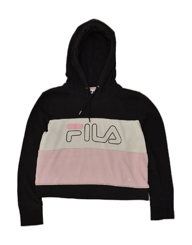 FILA Womens Graphic Crop Hoodie Jumper UK 16 Large Black Colourblock Hoodie with Zipper Placket Modern Functional