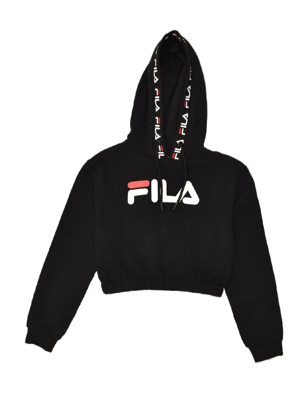 FILA Womens Graphic Crop Hoodie Jumper UK 2 2XS Black Cotton Hoodie with Snap Buttons Easy Quick