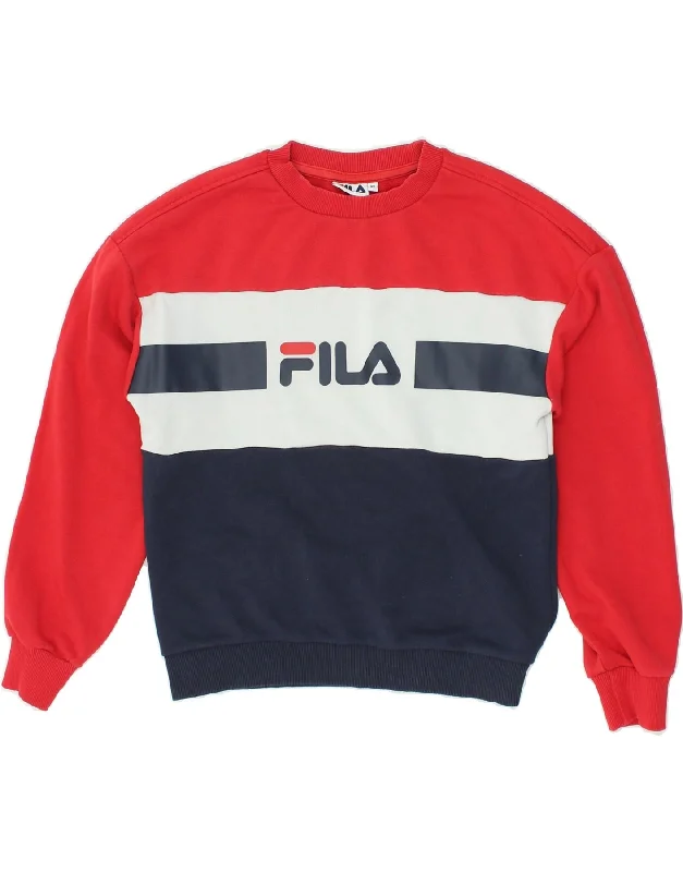 FILA Womens Graphic Sweatshirt Jumper UK 6 XS Multicoloured Colourblock Hoodie with Logo Branding Identity