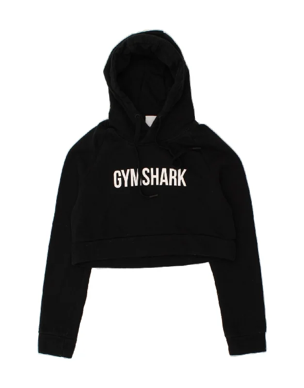 GYMSHARK Womens Crop Graphic Hoodie Jumper UK 8 Small Black Cotton Hoodie with Typography Text Message