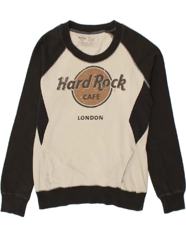 HARD ROCK CAFE Womens London Graphic Sweatshirt Jumper UK 10 Small Black Hoodie with Hem Frayed Vintage Worn