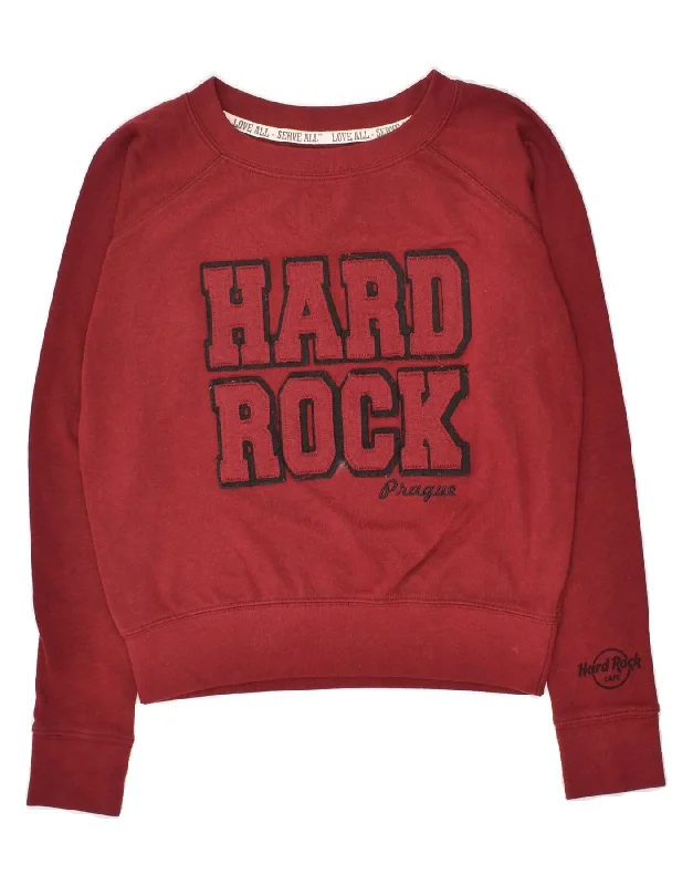 HARD ROCK CAFE Womens Prague Crop Graphic Sweatshirt Jumper UK 6 XS Red Hoodie with Camouflage Military Edgy