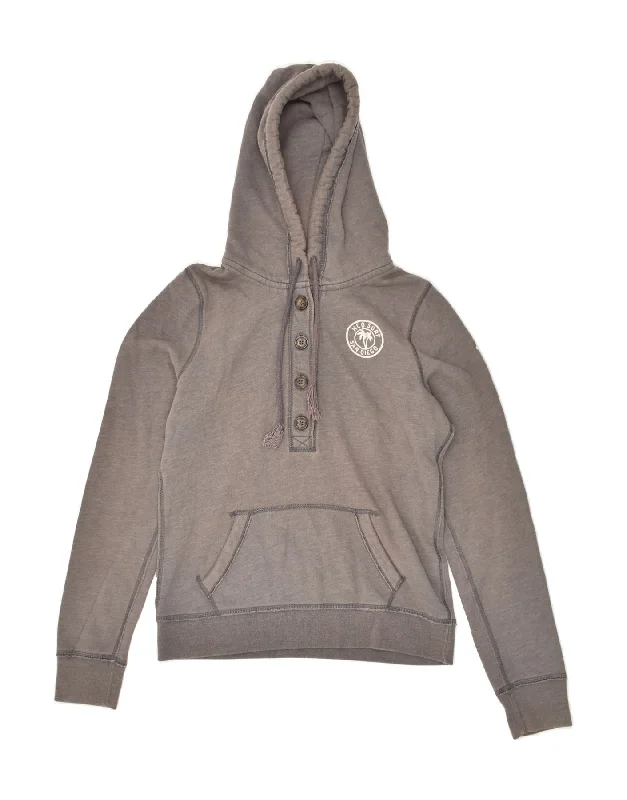 HOLLISTER Womens Graphic Button Neck Hoodie Jumper UK 14 Medium Grey Hoodie with Toggle Buttons Decorative Unique