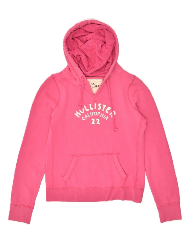 HOLLISTER Womens Graphic Hoodie Jumper UK 14 Medium Pink Cotton Hoodie with Illustration Artistic Creative