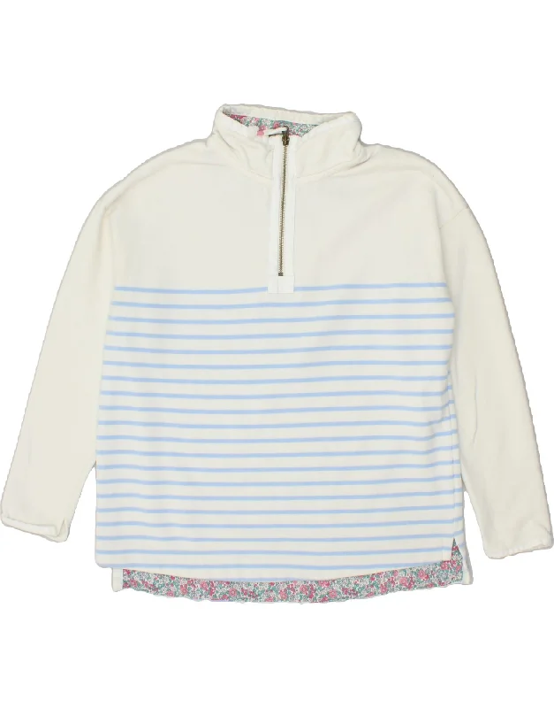 JOULES Womens Zip Neck Sweatshirt Jumper UK 12 Medium Off White Striped Hoodie with Rolled Sleeves Casual Relaxed