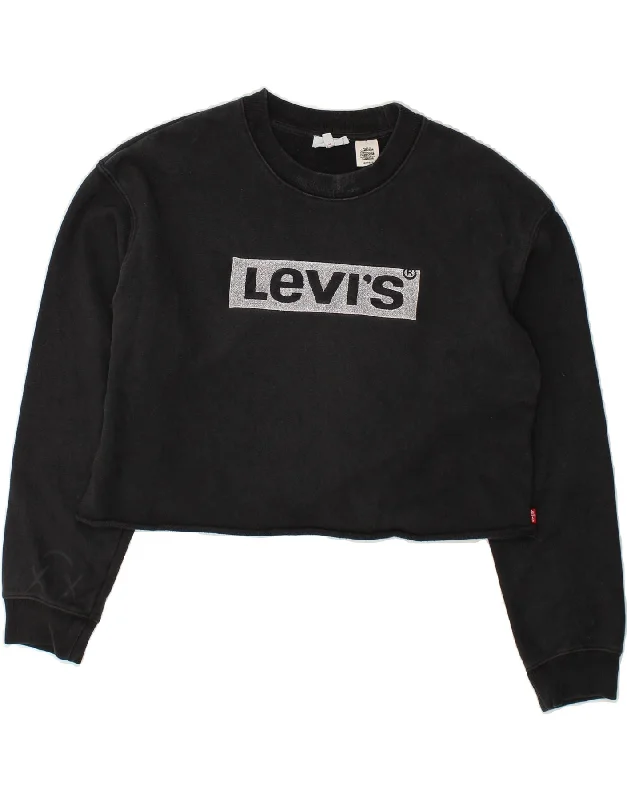 LEVI'S Womens Graphic Crop Sweatshirt Jumper UK 6 XS Black Cotton Hoodie with Thumb Holes Functional Cozy