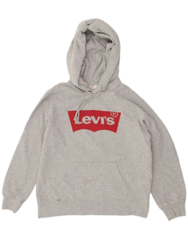 LEVI'S Womens Graphic Hoodie Jumper UK 10 Small Grey Cotton Hoodie with Drop Shoulder Relaxed Streetwear