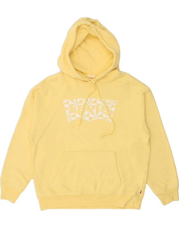 LEVI'S Womens Graphic Hoodie Jumper UK 14 Medium Yellow Cotton Hoodie with Patch Decorative Personalized