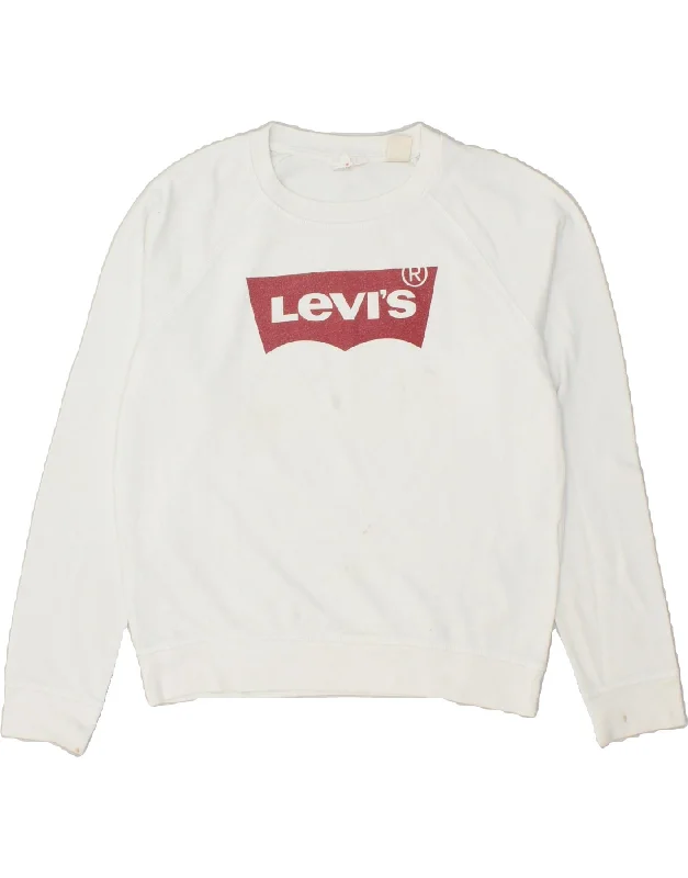 LEVI'S Womens Graphic Sweatshirt Jumper UK 14 Medium White Cotton Hoodie with Batwing Sleeves Loose Dramatic